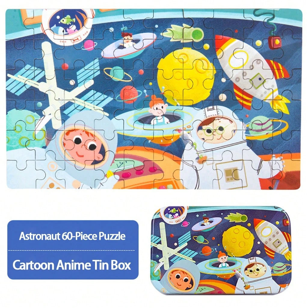 60pcs Wooden Cartoon Jigsaw Puzzles In Metal Box, Educational Toys For Preschool Children, Helpful For Cognitive Development And Fine Motor Skills, Travel And Birthday Gift