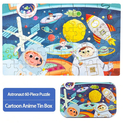60pcs Wooden Cartoon Jigsaw Puzzles In Metal Box, Educational Toys For Preschool Children, Helpful For Cognitive Development And Fine Motor Skills, Travel And Birthday Gift