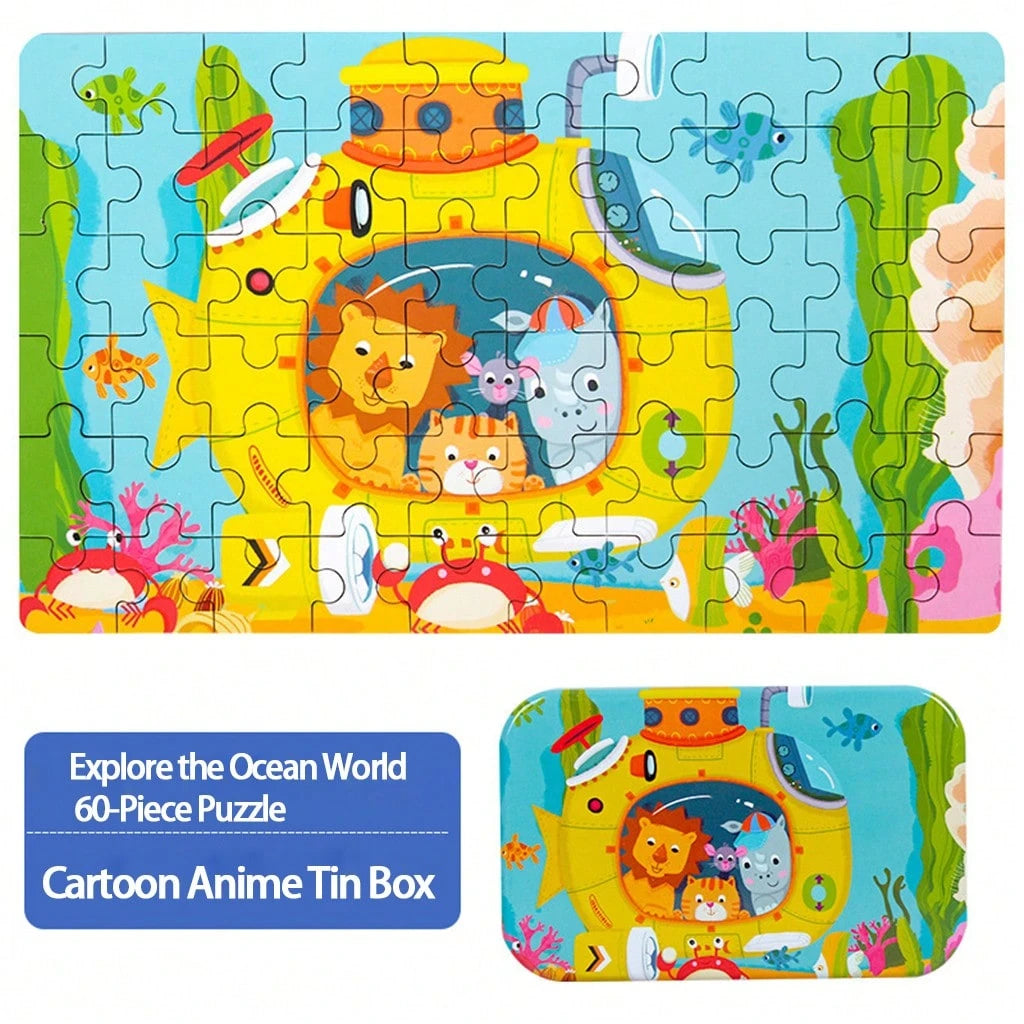 60pcs Wooden Cartoon Jigsaw Puzzles In Metal Box, Educational Toys For Preschool Children, Helpful For Cognitive Development And Fine Motor Skills, Travel And Birthday Gift