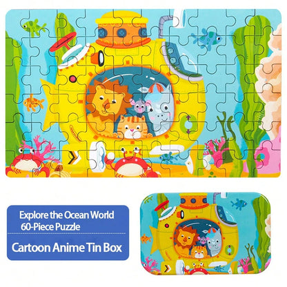 60pcs Wooden Cartoon Jigsaw Puzzles In Metal Box, Educational Toys For Preschool Children, Helpful For Cognitive Development And Fine Motor Skills, Travel And Birthday Gift