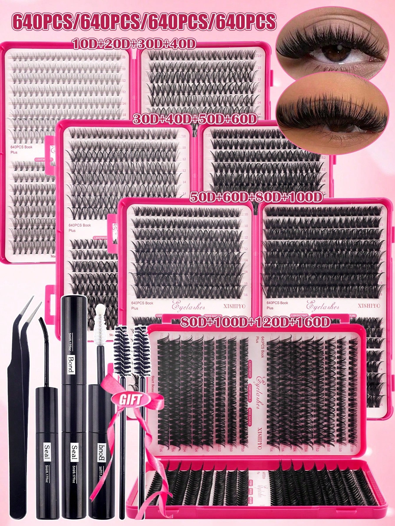640pcs 4-In-1 False Eyelashes Set, Includes Glue, Tweezers, Lash Brush, Suitable For Beginners To DIY Different Eye Makeup, Easy To Use, Portable Segmented Lash Clusters, Large Capacity Lashes Applica