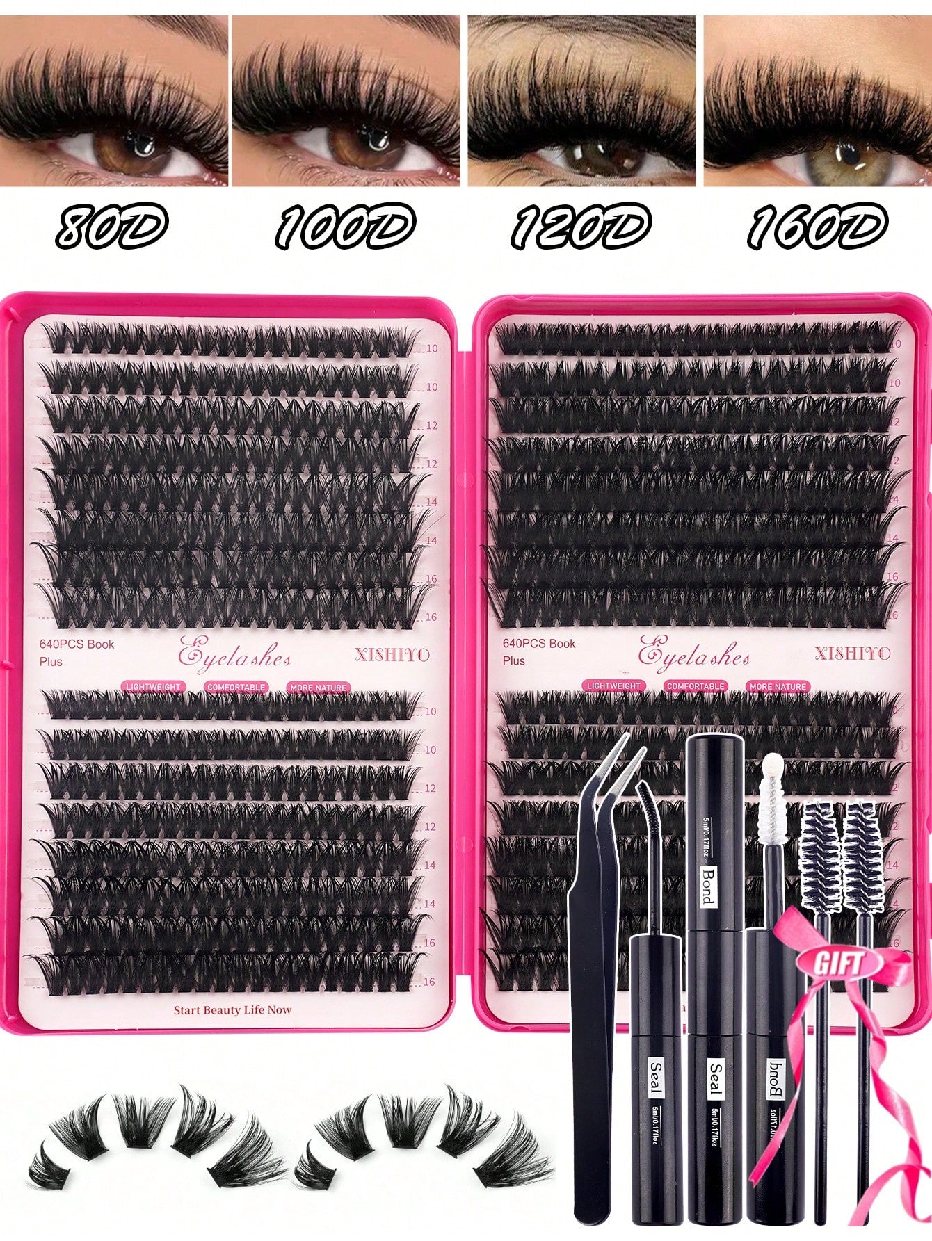 640pcs 4-In-1 False Eyelashes Set, Includes Glue, Tweezers, Lash Brush, Suitable For Beginners To DIY Different Eye Makeup, Easy To Use, Portable Segmented Lash Clusters, Large Capacity Lashes Applica