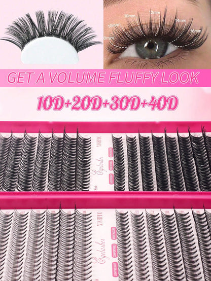 640pcs 4-In-1 False Eyelashes Set, Includes Glue, Tweezers, Lash Brush, Suitable For Beginners To DIY Different Eye Makeup, Easy To Use, Portable Segmented Lash Clusters, Large Capacity Lashes Applica