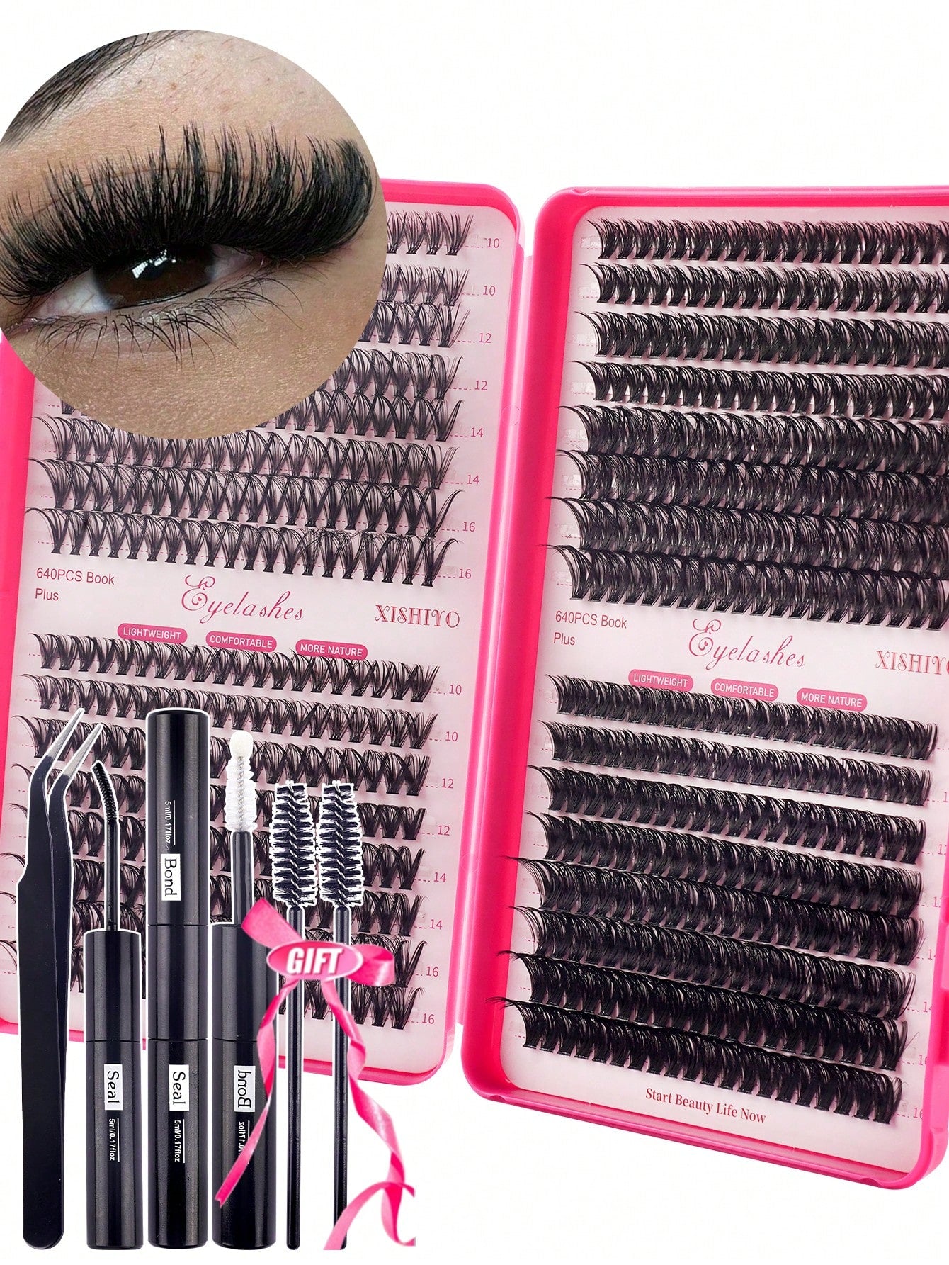 640pcs 4-In-1 False Eyelashes Set, Includes Glue, Tweezers, Lash Brush, Suitable For Beginners To DIY Different Eye Makeup, Easy To Use, Portable Segmented Lash Clusters, Large Capacity Lashes Applica
