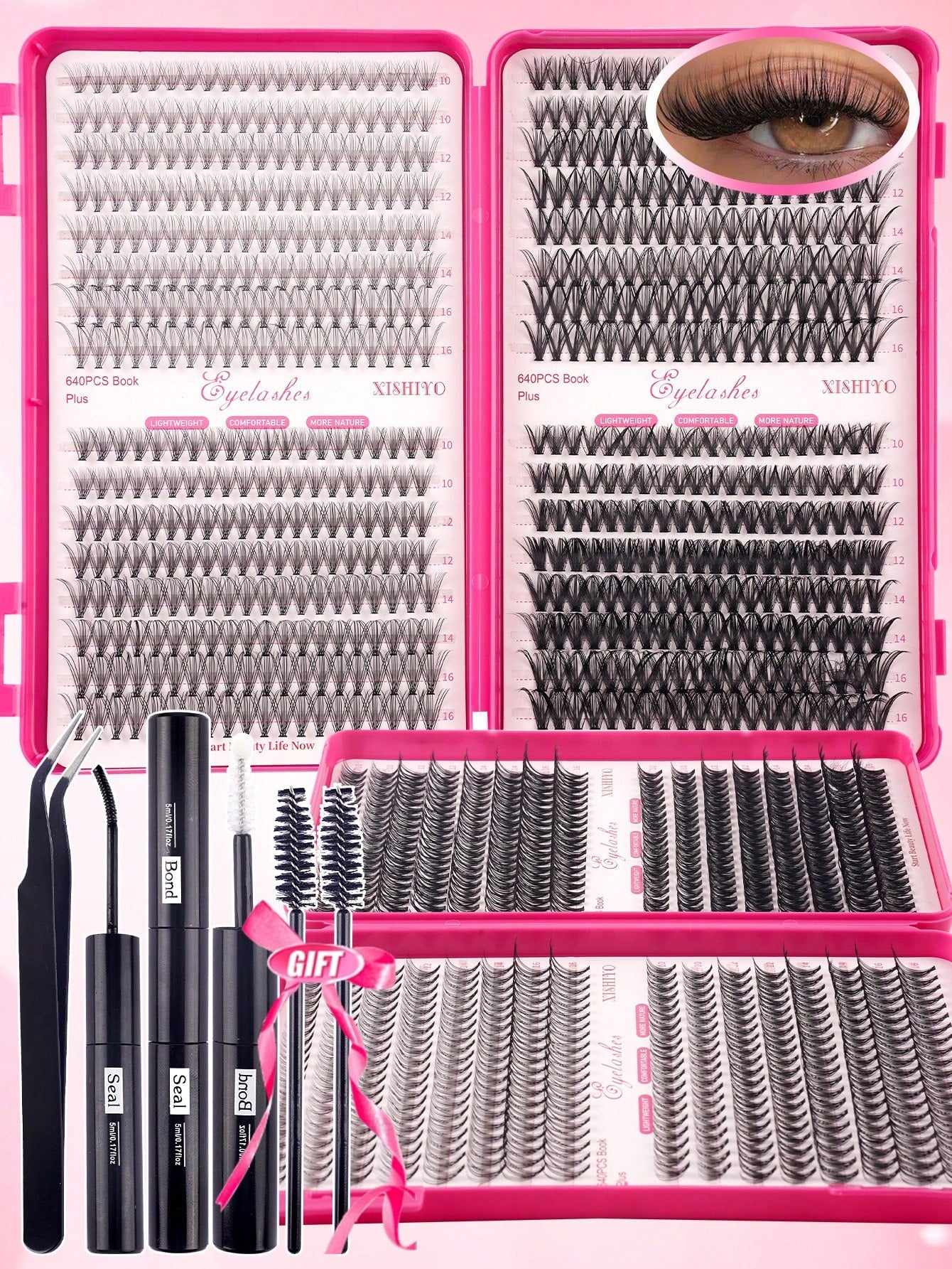 640pcs 4-In-1 False Eyelashes Set, Includes Glue, Tweezers, Lash Brush, Suitable For Beginners To DIY Different Eye Makeup, Easy To Use, Portable Segmented Lash Clusters, Large Capacity Lashes Applica