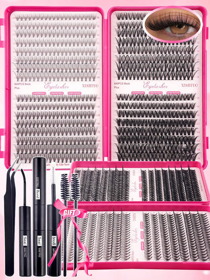 640pcs 4-In-1 False Eyelashes Set, Includes Glue, Tweezers, Lash Brush, Suitable For Beginners To DIY Different Eye Makeup, Easy To Use, Portable Segmented Lash Clusters, Large Capacity Lashes Applica
