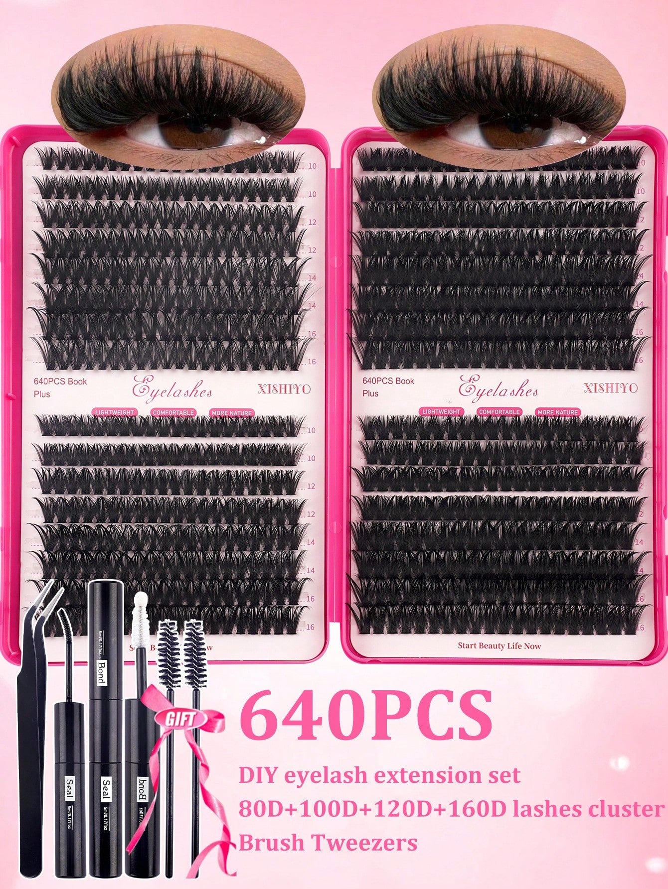 640pcs 4-In-1 False Eyelashes Set, Includes Glue, Tweezers, Lash Brush, Suitable For Beginners To DIY Different Eye Makeup, Easy To Use, Portable Segmented Lash Clusters, Large Capacity Lashes Applica