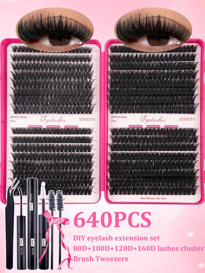 640pcs 4-In-1 False Eyelashes Set, Includes Glue, Tweezers, Lash Brush, Suitable For Beginners To DIY Different Eye Makeup, Easy To Use, Portable Segmented Lash Clusters, Large Capacity Lashes Applica