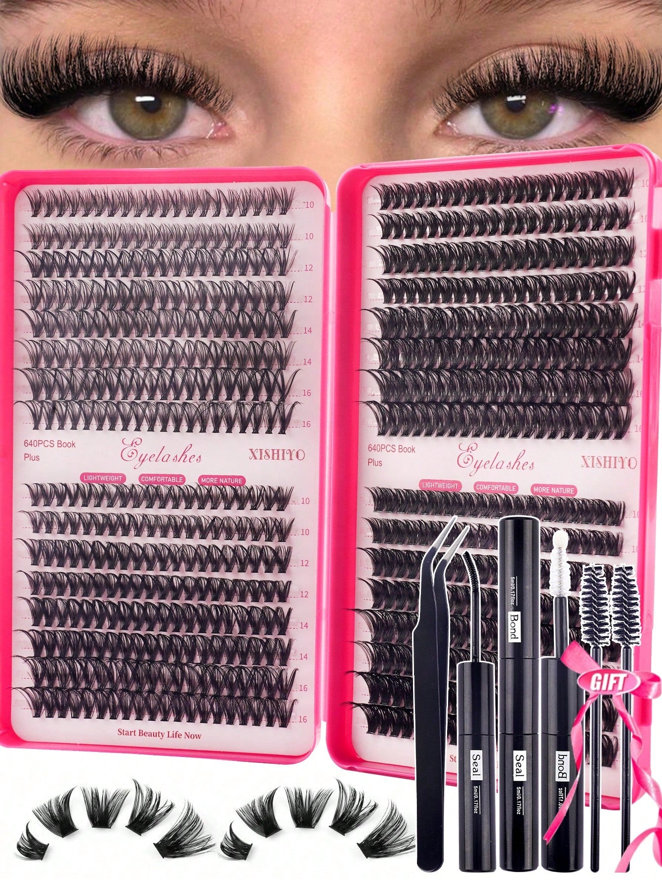 640pcs 4-In-1 False Eyelashes Set, Includes Glue, Tweezers, Lash Brush, Suitable For Beginners To DIY Different Eye Makeup, Easy To Use, Portable Segmented Lash Clusters, Large Capacity Lashes Applica