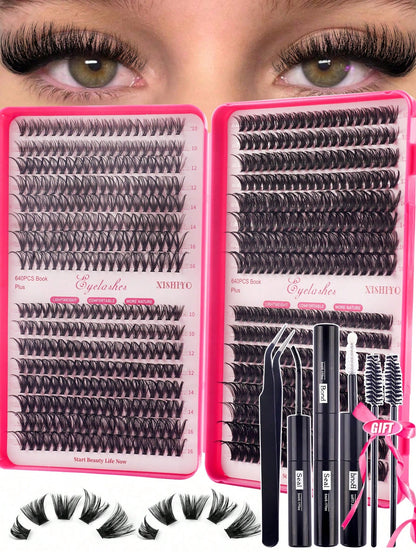 640pcs 4-In-1 False Eyelashes Set, Includes Glue, Tweezers, Lash Brush, Suitable For Beginners To DIY Different Eye Makeup, Easy To Use, Portable Segmented Lash Clusters, Large Capacity Lashes Applica