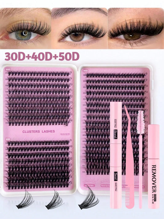 640pcs Eyelash Extension Kit, Includes 30D+40D+50D Lash Clusters, D-8-16MIX Lash Clusters, Eyelash Glue, Sealant, Remover, DIY Lash Extension