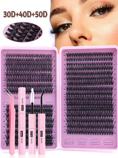 640pcs Eyelash Extension Kit, Includes 30D+40D+50D Lash Clusters, D-8-16MIX Lash Clusters, Eyelash Glue, Sealant, Remover, DIY Lash Extension