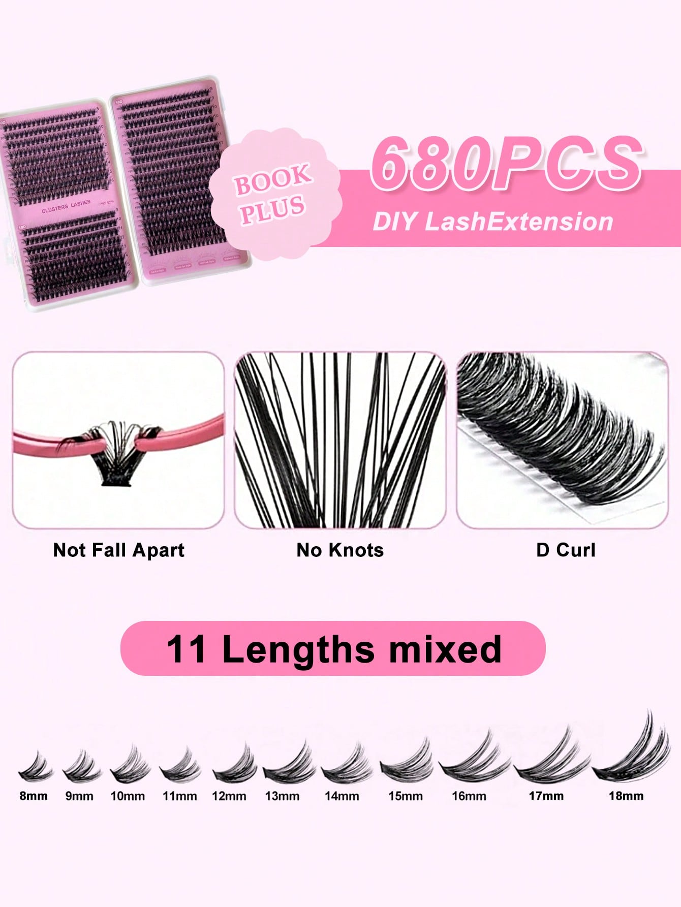 640pcs Eyelash Extension Kit, Includes 30D+40D+50D Lash Clusters, D-8-16MIX Lash Clusters, Eyelash Glue, Sealant, Remover, DIY Lash Extension