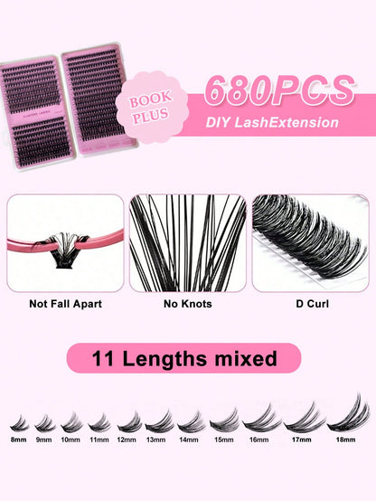 640pcs Eyelash Extension Kit, Includes 30D+40D+50D Lash Clusters, D-8-16MIX Lash Clusters, Eyelash Glue, Sealant, Remover, DIY Lash Extension