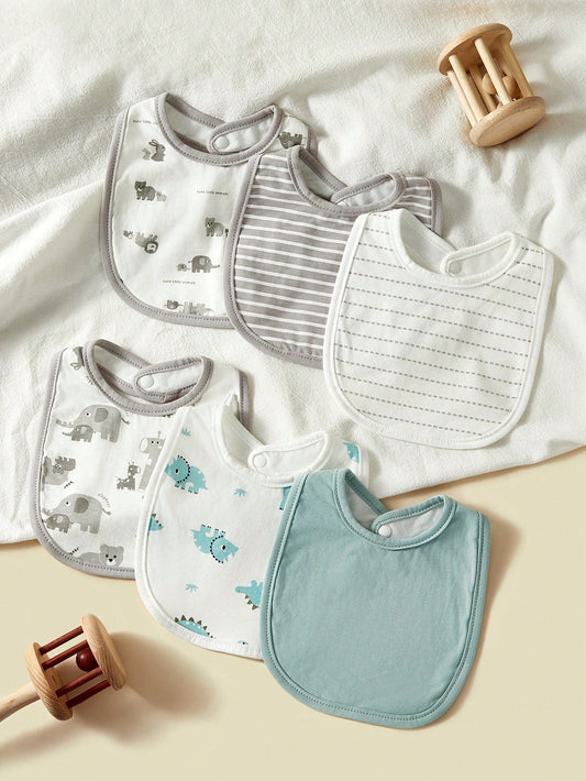 6pcs Baby Animal Cartoon Design Bibs, Soft Breathable Cotton, For Boys & Girls, Spring/Summer