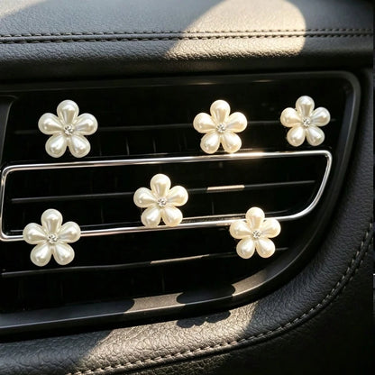 6pcs Rhinestone & Pearl Car Air Vent Decor- Daisy Petal Vent Clip, Elegant Interior Accessory, Suitable For Dashboard, Bumper, Car Door Decoration (Easy To Install), Decorate Dashboard With High-End