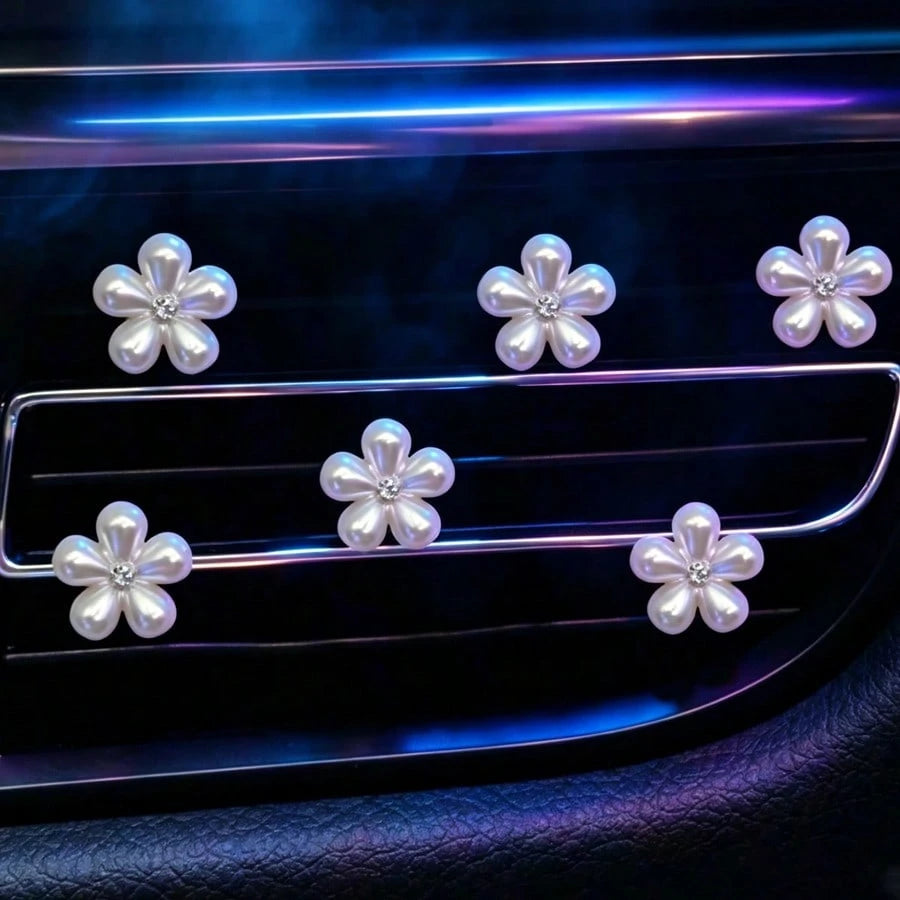 6pcs Rhinestone & Pearl Car Air Vent Decor- Daisy Petal Vent Clip, Elegant Interior Accessory, Suitable For Dashboard, Bumper, Car Door Decoration (Easy To Install), Decorate Dashboard With High-End