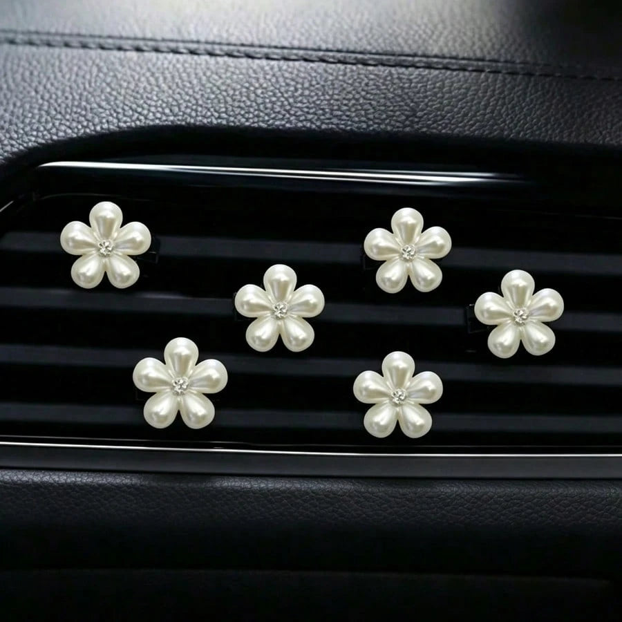 6pcs Rhinestone & Pearl Car Air Vent Decor- Daisy Petal Vent Clip, Elegant Interior Accessory, Suitable For Dashboard, Bumper, Car Door Decoration (Easy To Install), Decorate Dashboard With High-End