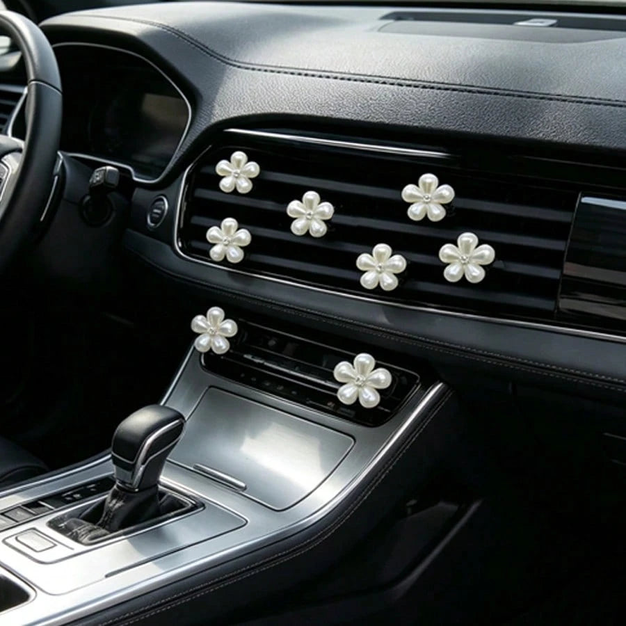 6pcs Rhinestone & Pearl Car Air Vent Decor- Daisy Petal Vent Clip, Elegant Interior Accessory, Suitable For Dashboard, Bumper, Car Door Decoration (Easy To Install), Decorate Dashboard With High-End