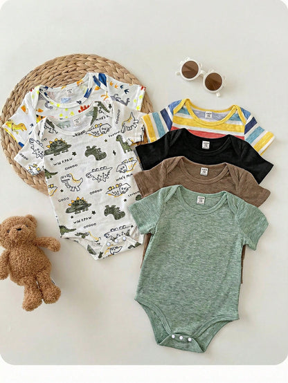 6pcs/Set Newborn Baby Boy/Girl Breathable Solid Color Short Sleeve Rompers,Summer Basic Bodysuit Multi-Pack,White,Casual,Cute,Family Matching Outfit