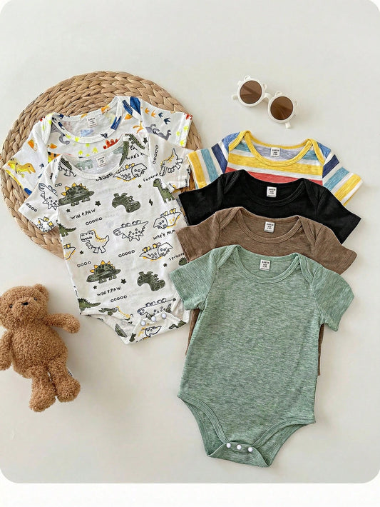 6pcs/Set Newborn Baby Boy/Girl Breathable Solid Color Short Sleeve Rompers,Summer Basic Bodysuit Multi-Pack,White,Casual,Cute,Family Matching Outfit