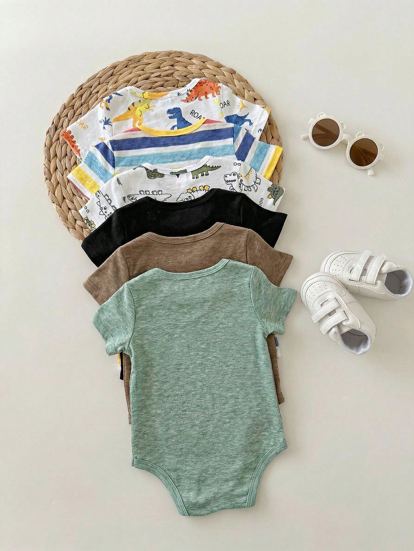 6pcs/Set Newborn Baby Boy/Girl Breathable Solid Color Short Sleeve Rompers,Summer Basic Bodysuit Multi-Pack,White,Casual,Cute,Family Matching Outfit