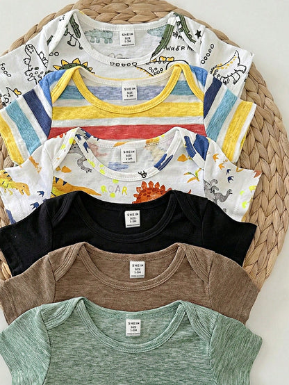 6pcs/Set Newborn Baby Boy/Girl Breathable Solid Color Short Sleeve Rompers,Summer Basic Bodysuit Multi-Pack,White,Casual,Cute,Family Matching Outfit