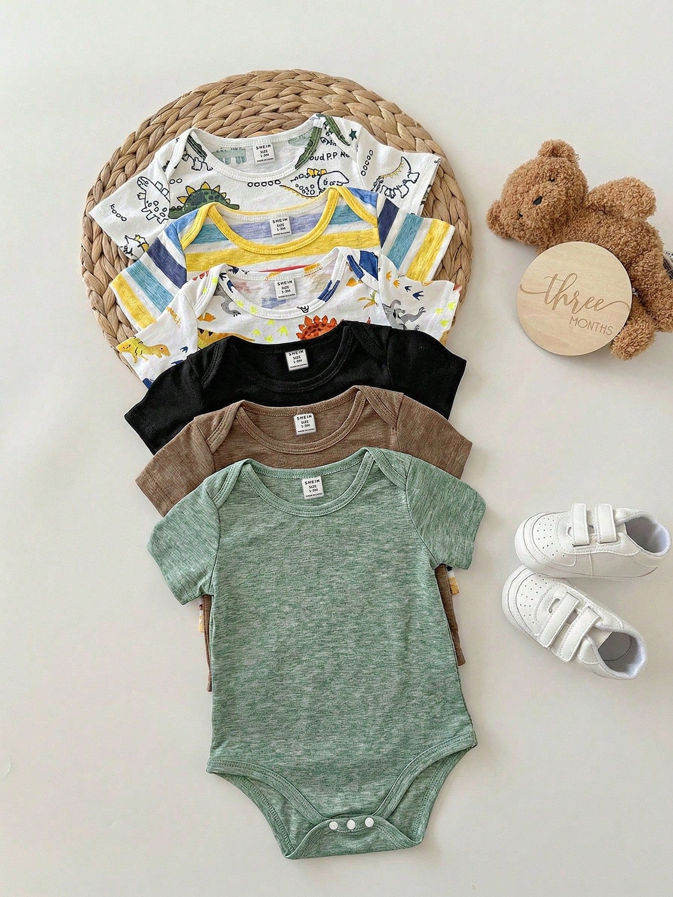 6pcs/Set Newborn Baby Boy/Girl Breathable Solid Color Short Sleeve Rompers,Summer Basic Bodysuit Multi-Pack,White,Casual,Cute,Family Matching Outfit