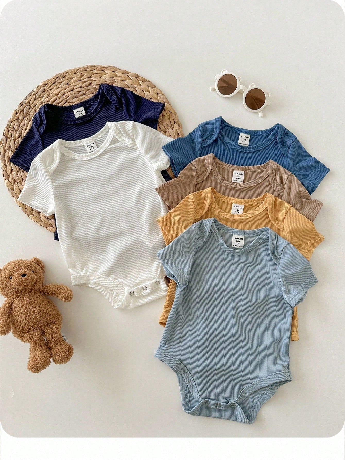 6pcs/Set Newborn Baby Boy/Girl Breathable Solid Color Short Sleeve Rompers,Summer Basic Bodysuit Multi-Pack,White,Casual,Cute,Family Matching Outfit