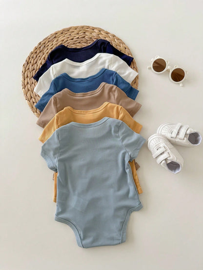 6pcs/Set Newborn Baby Boy/Girl Breathable Solid Color Short Sleeve Rompers,Summer Basic Bodysuit Multi-Pack,White,Casual,Cute,Family Matching Outfit