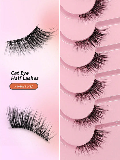 7 Pairs Asiteo Natural Cat Eye Style False Eyelashes, Delicate & Natural Half False Lashes, Transparent Band False Lashes, Strip Eyelashes