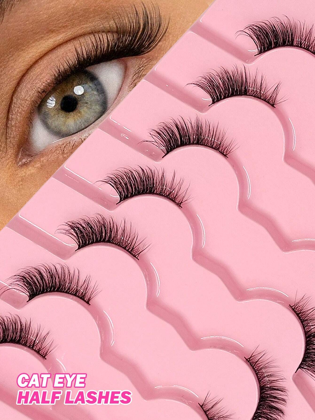 7 Pairs Asiteo Natural Cat Eye Style False Eyelashes, Delicate & Natural Half False Lashes, Transparent Band False Lashes, Strip Eyelashes