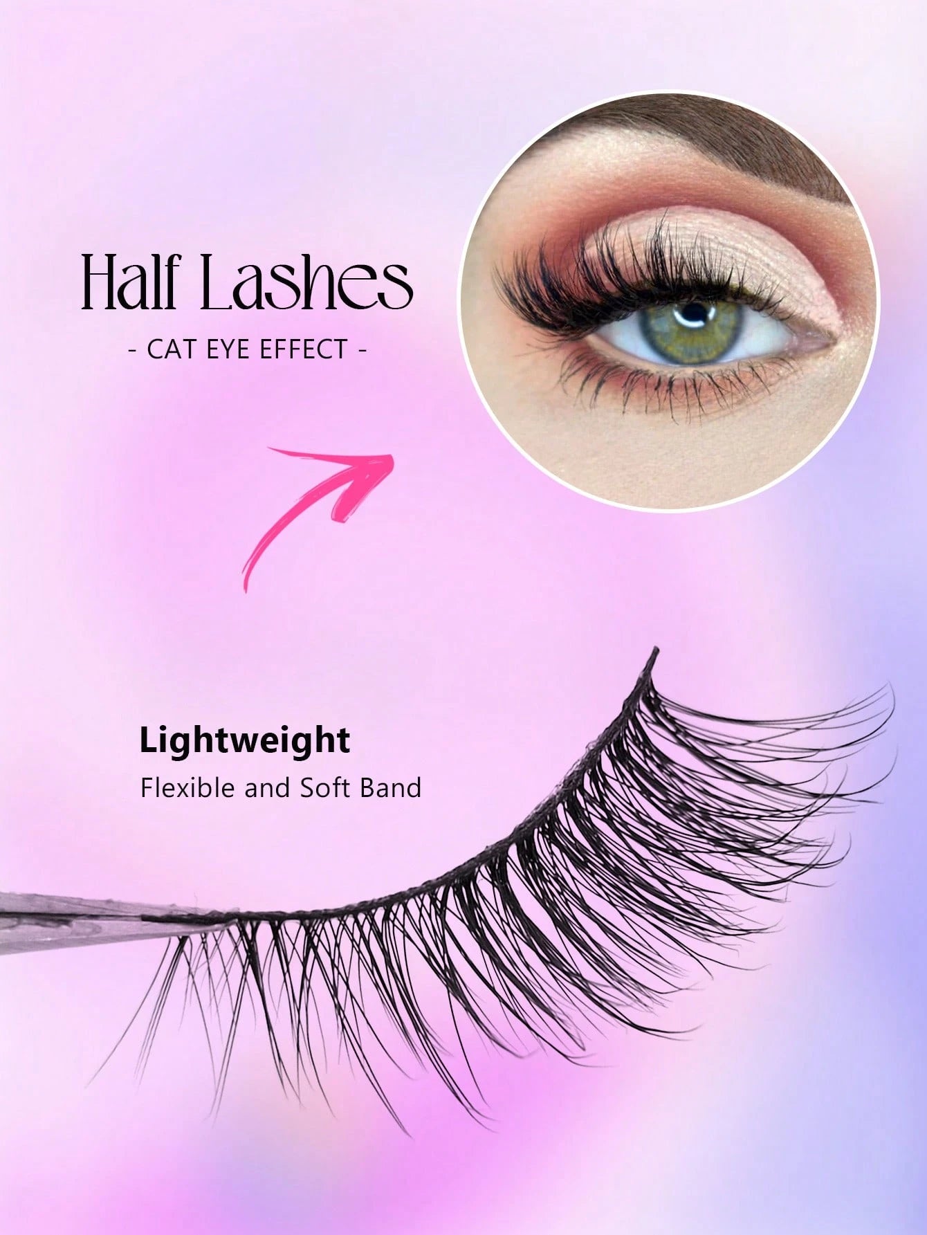 7 Pairs Asiteo Natural Cat Eye Style False Eyelashes, Delicate & Natural Half False Lashes, Transparent Band False Lashes, Strip Eyelashes