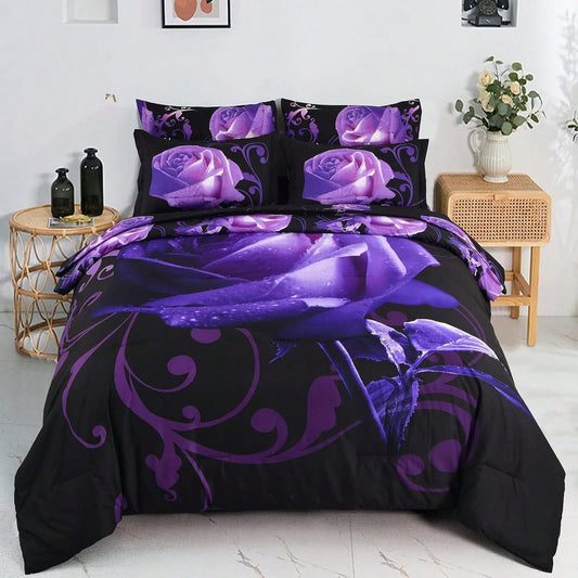 7 Piece Comforter Set Twin Full Queen King Size,Purple Rose Flower Comforter With Sheet Set Soft Micorfiber Reversible Bedding Set (1 Comforter,2 Pillow Shams,1 Flat Sheet,1 Fitted Sheet,2 Pillowcases