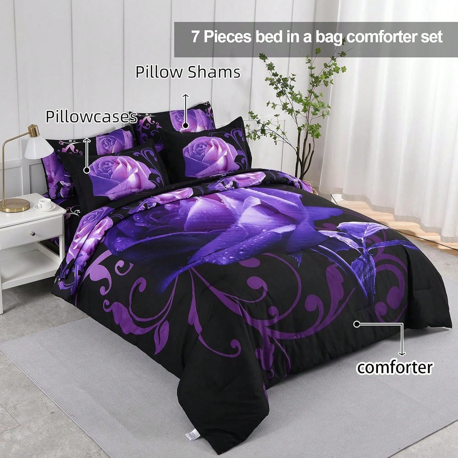 7 Piece Comforter Set Twin Full Queen King Size,Purple Rose Flower Comforter With Sheet Set Soft Micorfiber Reversible Bedding Set (1 Comforter,2 Pillow Shams,1 Flat Sheet,1 Fitted Sheet,2 Pillowcases