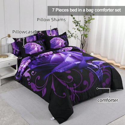 7 Piece Comforter Set Twin Full Queen King Size,Purple Rose Flower Comforter With Sheet Set Soft Micorfiber Reversible Bedding Set (1 Comforter,2 Pillow Shams,1 Flat Sheet,1 Fitted Sheet,2 Pillowcases