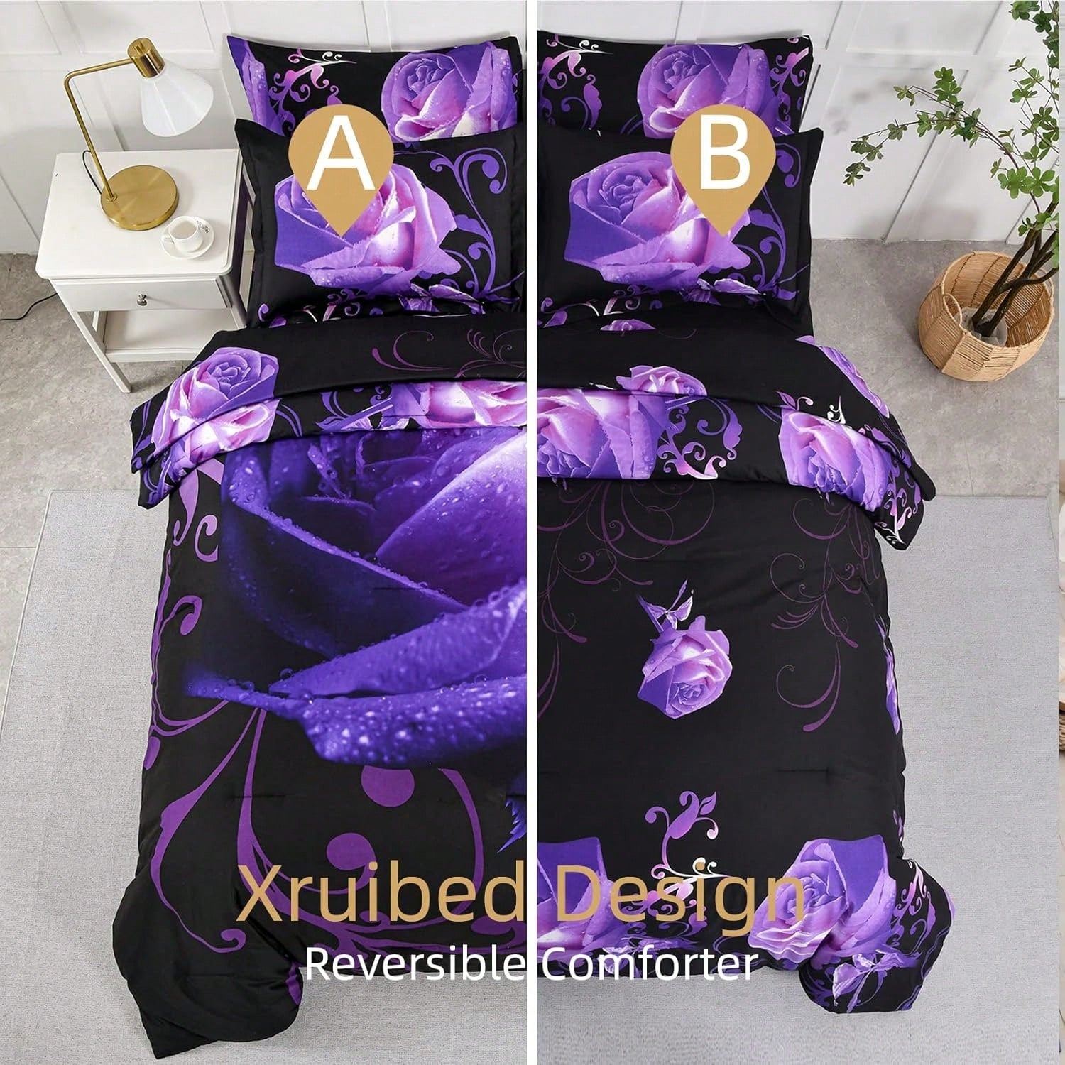 7 Piece Comforter Set Twin Full Queen King Size,Purple Rose Flower Comforter With Sheet Set Soft Micorfiber Reversible Bedding Set (1 Comforter,2 Pillow Shams,1 Flat Sheet,1 Fitted Sheet,2 Pillowcases