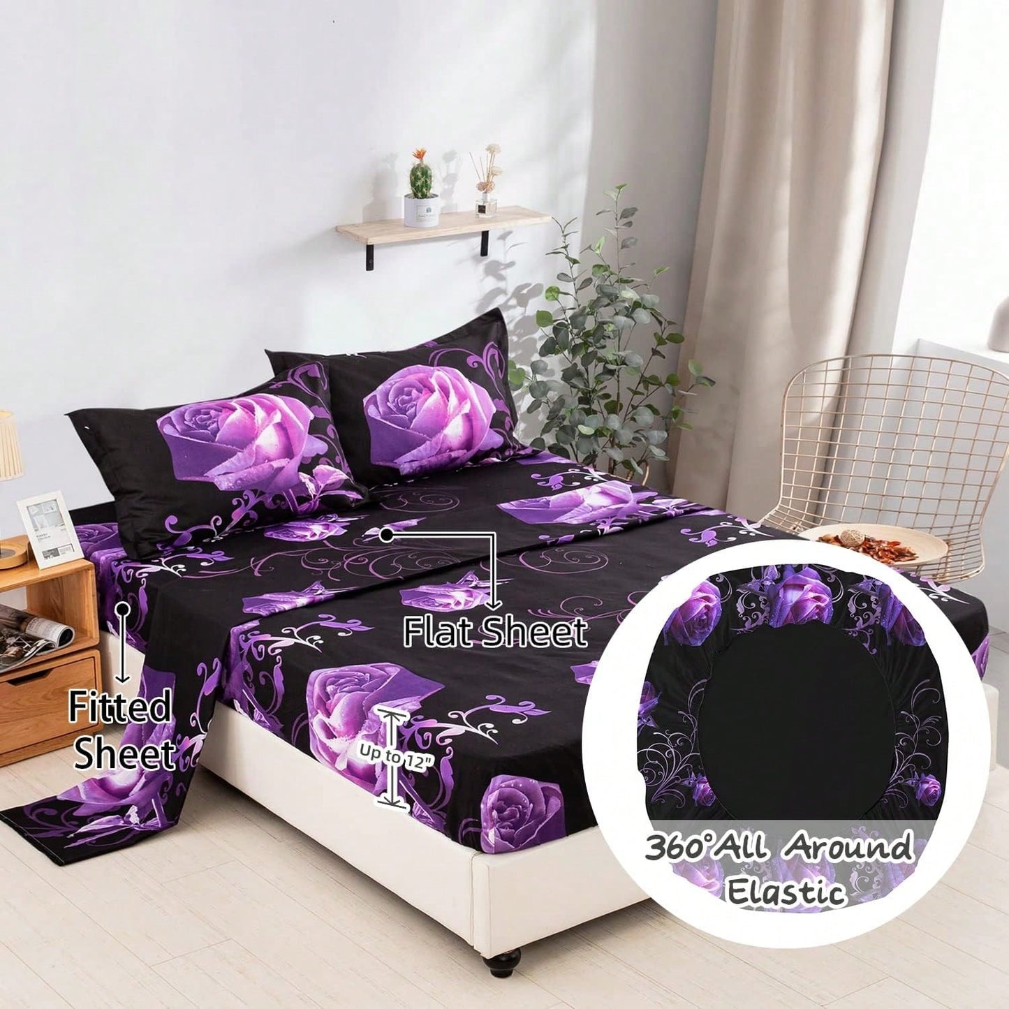 7 Piece Comforter Set Twin Full Queen King Size,Purple Rose Flower Comforter With Sheet Set Soft Micorfiber Reversible Bedding Set (1 Comforter,2 Pillow Shams,1 Flat Sheet,1 Fitted Sheet,2 Pillowcases