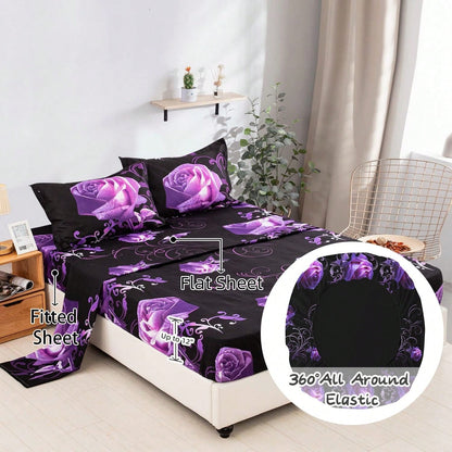 7 Piece Comforter Set Twin Full Queen King Size,Purple Rose Flower Comforter With Sheet Set Soft Micorfiber Reversible Bedding Set (1 Comforter,2 Pillow Shams,1 Flat Sheet,1 Fitted Sheet,2 Pillowcases