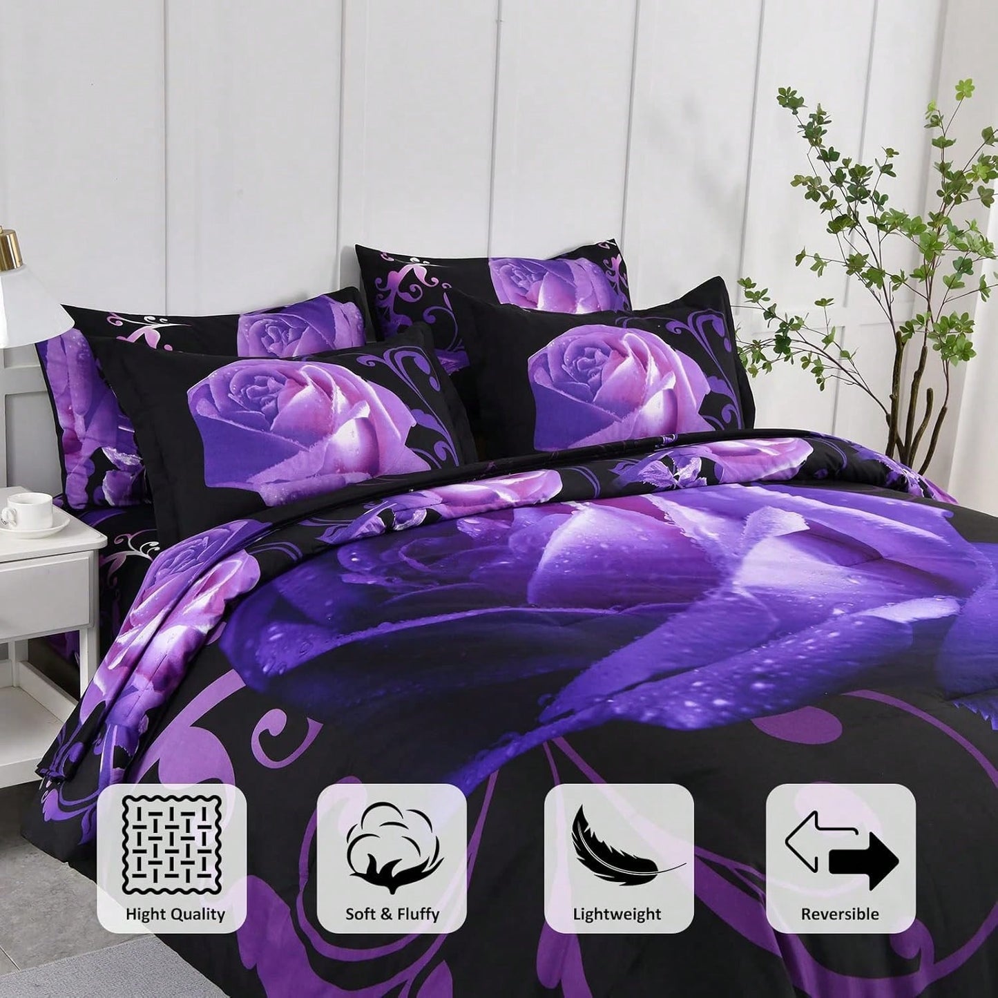 7 Piece Comforter Set Twin Full Queen King Size,Purple Rose Flower Comforter With Sheet Set Soft Micorfiber Reversible Bedding Set (1 Comforter,2 Pillow Shams,1 Flat Sheet,1 Fitted Sheet,2 Pillowcases