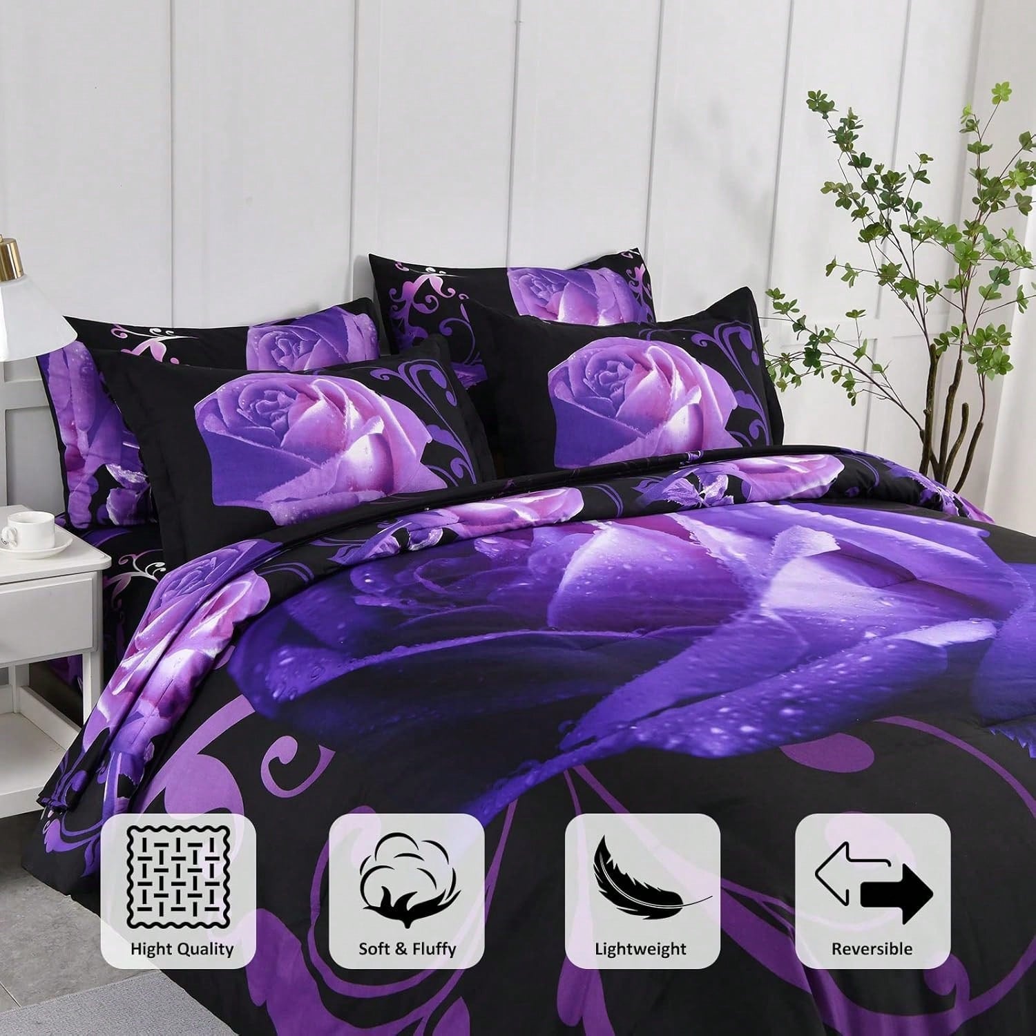 7 Piece Comforter Set Twin Full Queen King Size,Purple Rose Flower Comforter With Sheet Set Soft Micorfiber Reversible Bedding Set (1 Comforter,2 Pillow Shams,1 Flat Sheet,1 Fitted Sheet,2 Pillowcases
