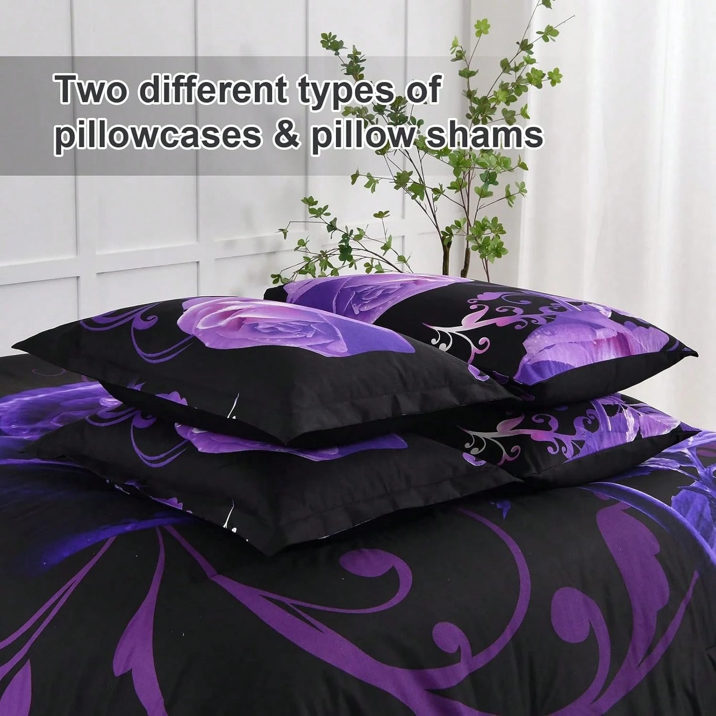 7 Piece Comforter Set Twin Full Queen King Size,Purple Rose Flower Comforter With Sheet Set Soft Micorfiber Reversible Bedding Set (1 Comforter,2 Pillow Shams,1 Flat Sheet,1 Fitted Sheet,2 Pillowcases