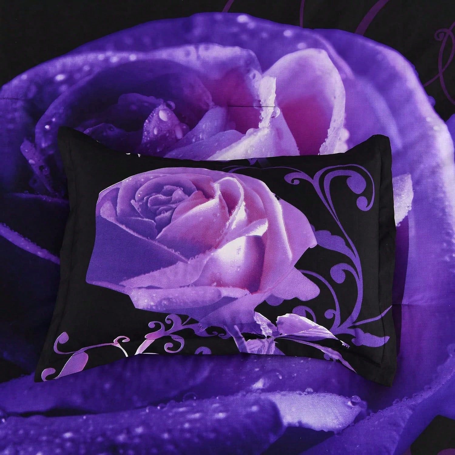 7 Piece Comforter Set Twin Full Queen King Size,Purple Rose Flower Comforter With Sheet Set Soft Micorfiber Reversible Bedding Set (1 Comforter,2 Pillow Shams,1 Flat Sheet,1 Fitted Sheet,2 Pillowcases