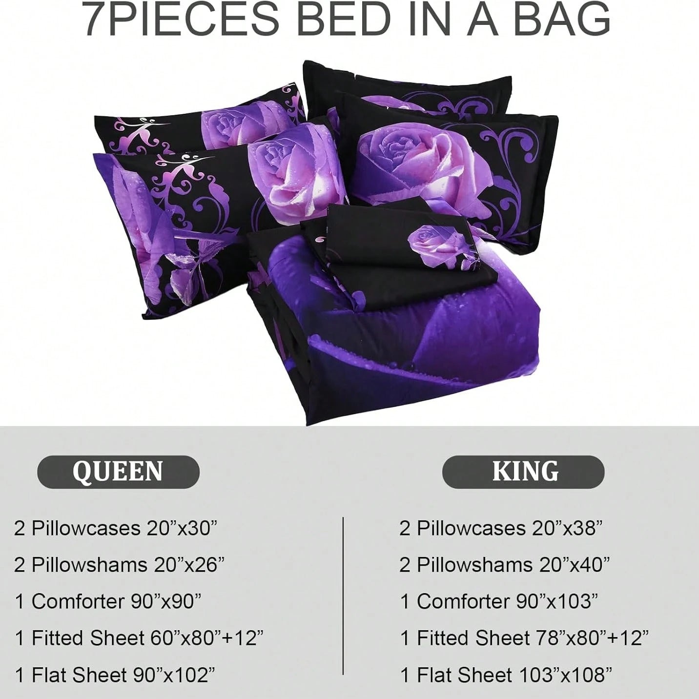 7 Piece Comforter Set Twin Full Queen King Size,Purple Rose Flower Comforter With Sheet Set Soft Micorfiber Reversible Bedding Set (1 Comforter,2 Pillow Shams,1 Flat Sheet,1 Fitted Sheet,2 Pillowcases