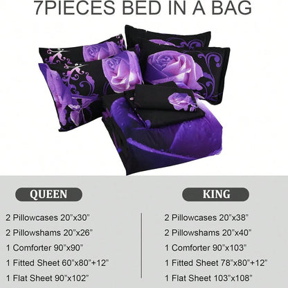7 Piece Comforter Set Twin Full Queen King Size,Purple Rose Flower Comforter With Sheet Set Soft Micorfiber Reversible Bedding Set (1 Comforter,2 Pillow Shams,1 Flat Sheet,1 Fitted Sheet,2 Pillowcases