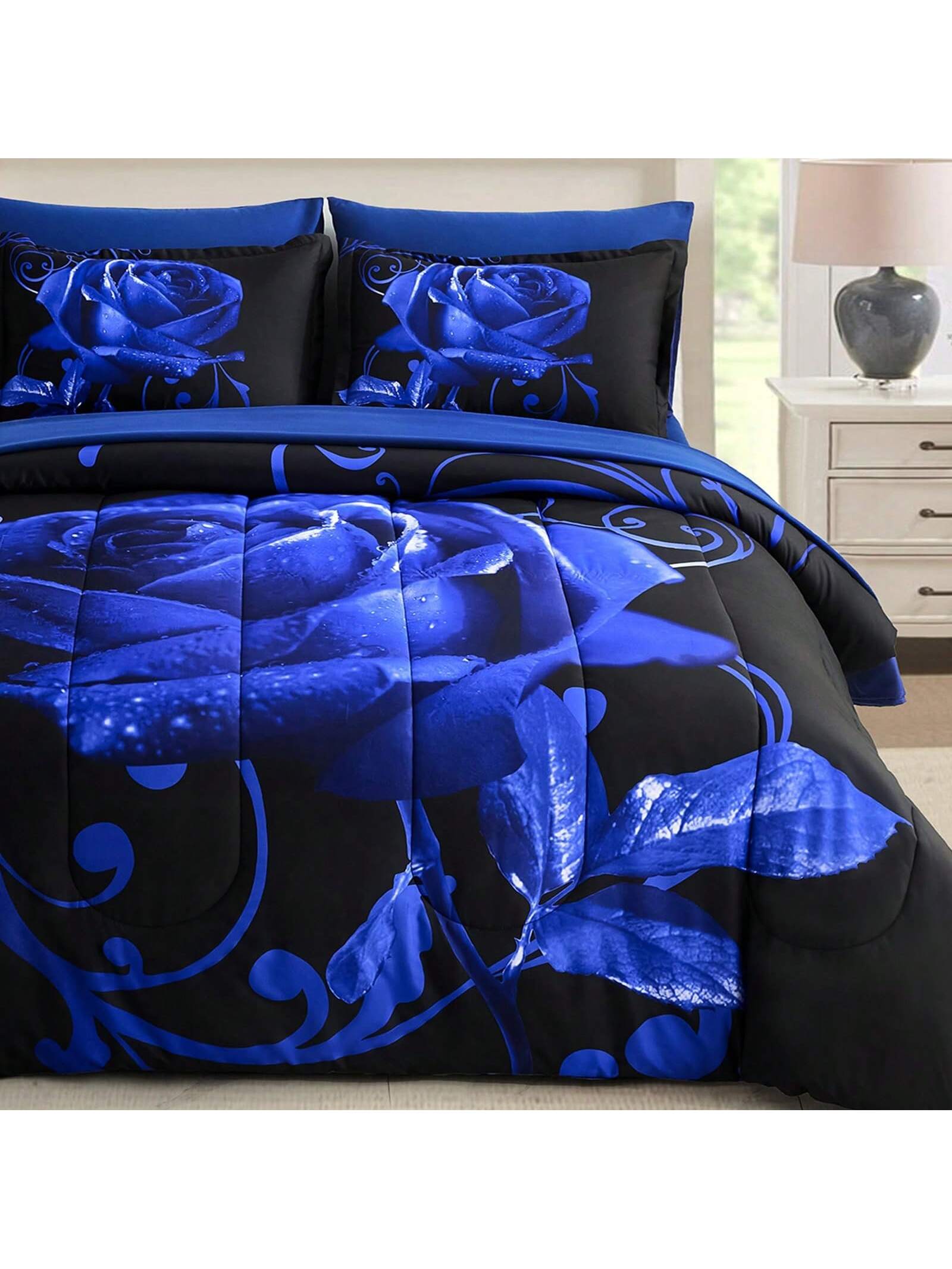 7 Pieces Blue Comforter Set Queen King Size, Rose Pattern Bed In A Bag, Lightweight Soft Microfiber Bedding Sets With Comforter, Flat Sheet, Fitted Sheet, Pillowcases Home Decor Room Decor Bedroom De