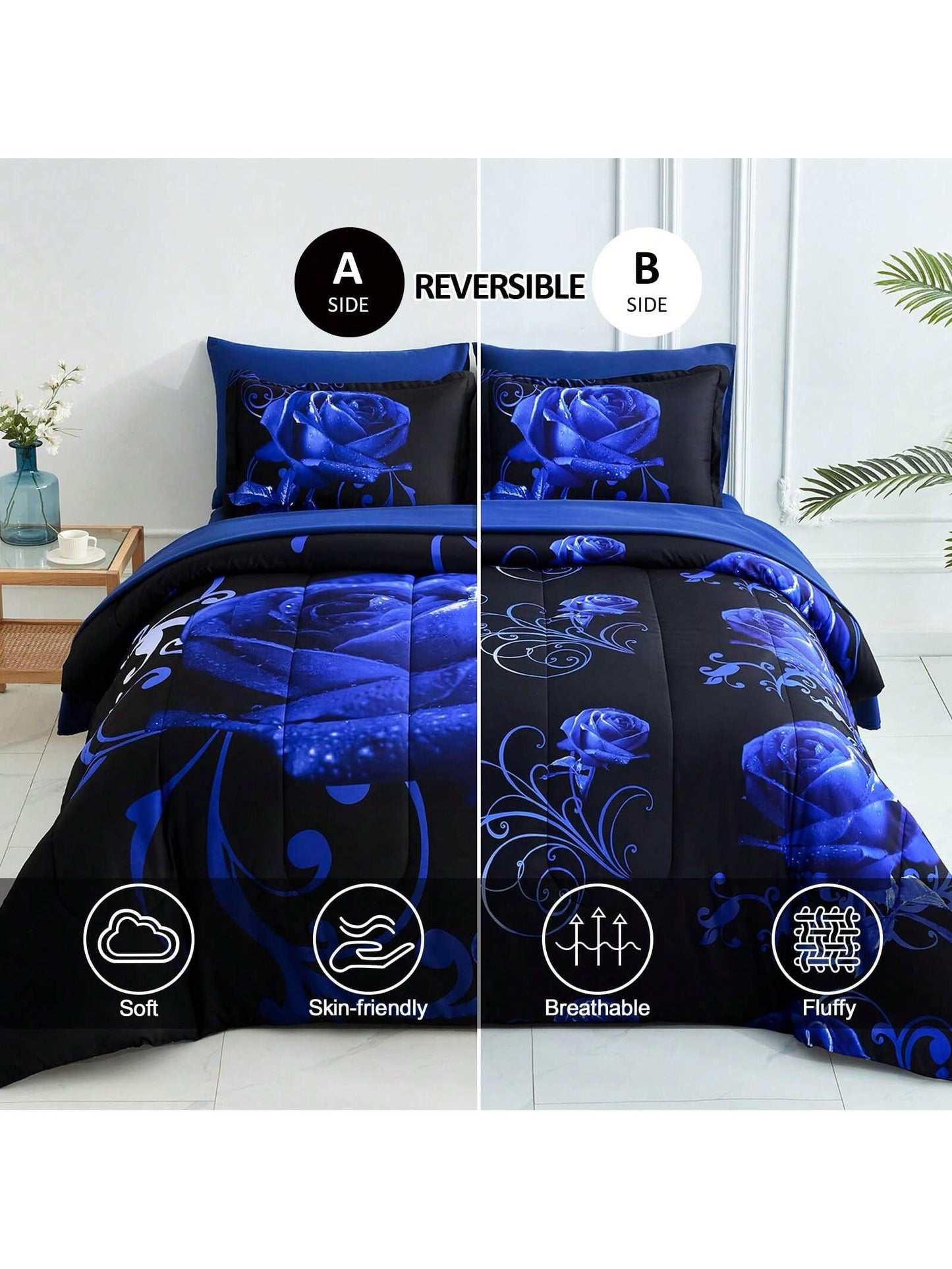 7 Pieces Blue Comforter Set Queen King Size, Rose Pattern Bed In A Bag, Lightweight Soft Microfiber Bedding Sets With Comforter, Flat Sheet, Fitted Sheet, Pillowcases Home Decor Room Decor Bedroom De