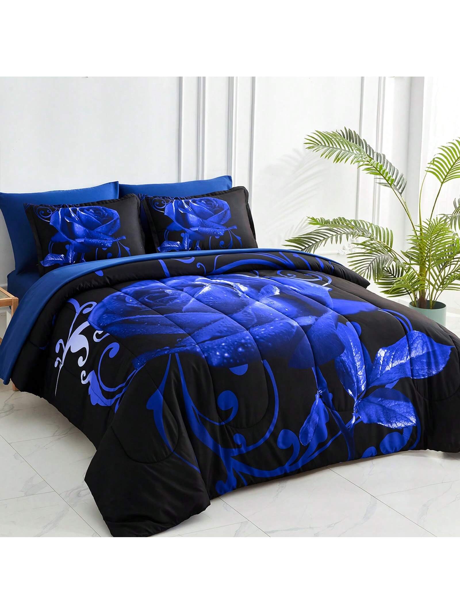 7 Pieces Blue Comforter Set Queen King Size, Rose Pattern Bed In A Bag, Lightweight Soft Microfiber Bedding Sets With Comforter, Flat Sheet, Fitted Sheet, Pillowcases Home Decor Room Decor Bedroom De