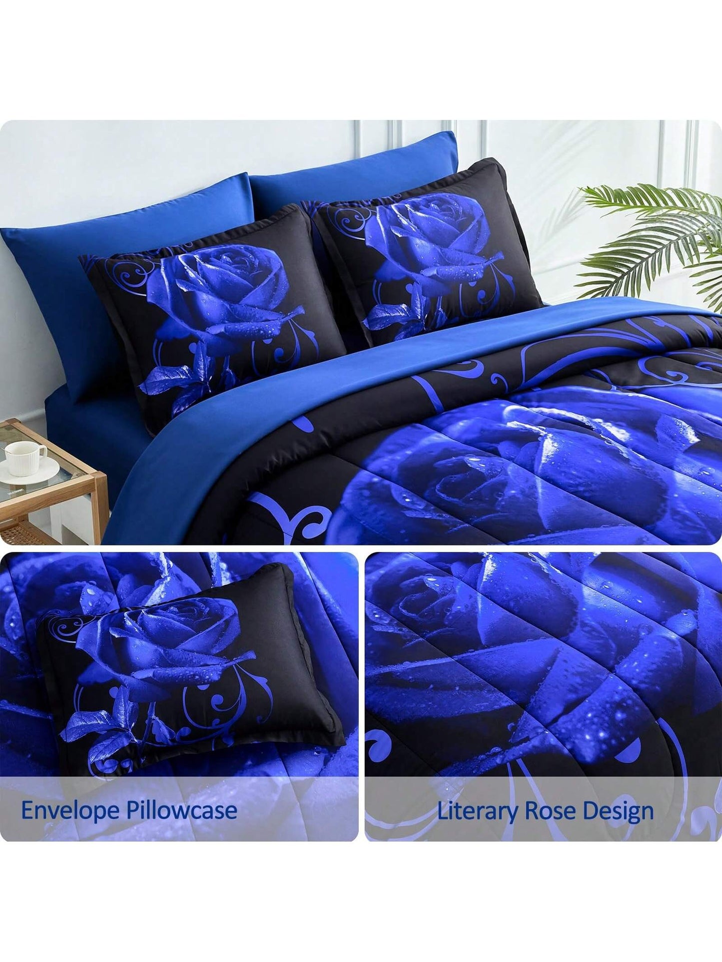7 Pieces Blue Comforter Set Queen King Size, Rose Pattern Bed In A Bag, Lightweight Soft Microfiber Bedding Sets With Comforter, Flat Sheet, Fitted Sheet, Pillowcases Home Decor Room Decor Bedroom De