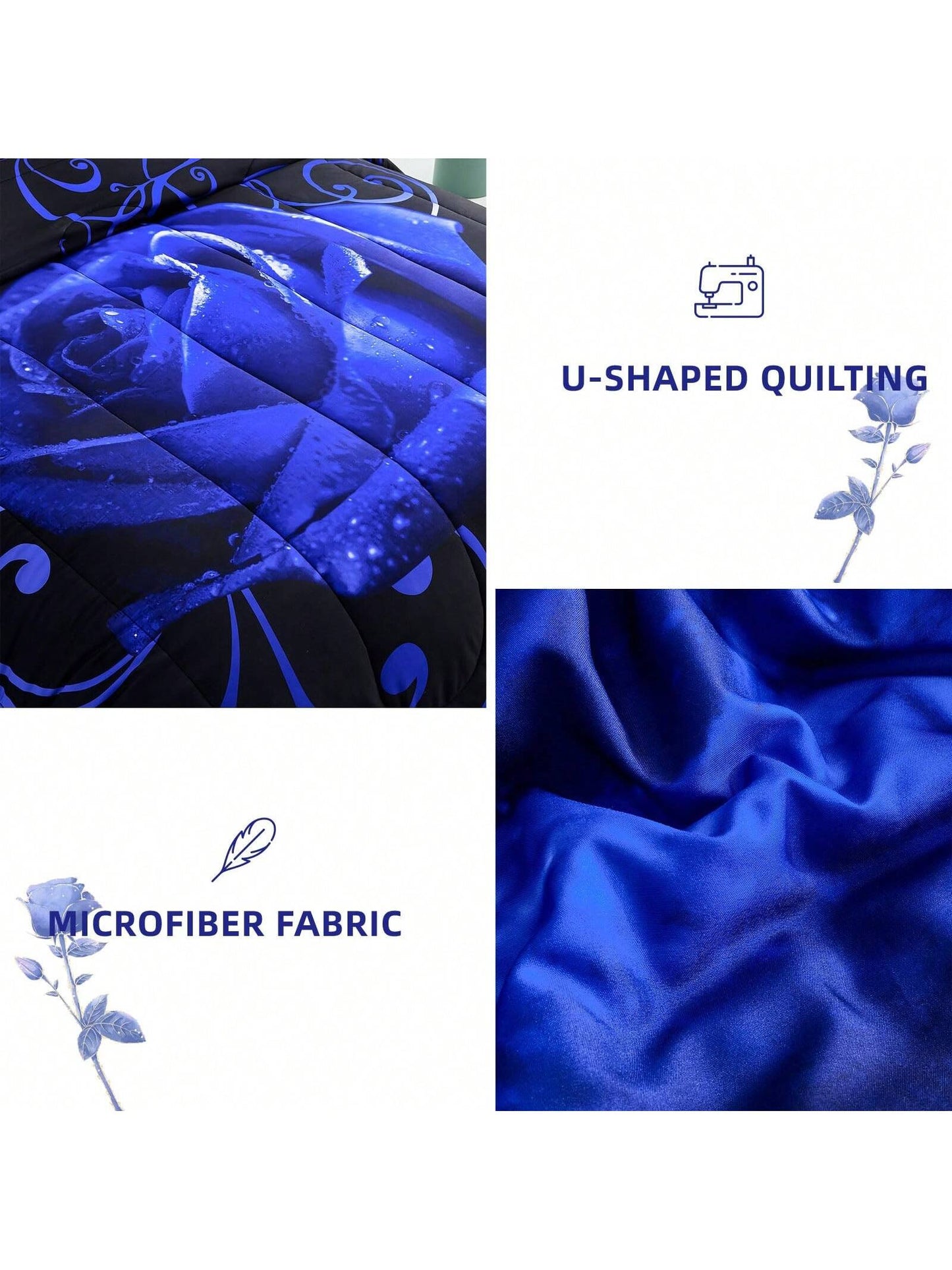 7 Pieces Blue Comforter Set Queen King Size, Rose Pattern Bed In A Bag, Lightweight Soft Microfiber Bedding Sets With Comforter, Flat Sheet, Fitted Sheet, Pillowcases Home Decor Room Decor Bedroom De